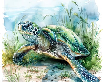 12 Watercolor Turtle Clipart, Marine Turtle, Watercolor Turtle in ocean, High Quality JPG, Digital download, Paper craft, junk journal