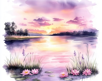 18 Sunset over Lake Clipart Bundle Set, Lake Sunset clipart, Printable Watercolor clipart, High Quality JPGs, Digital download, Paper crafts