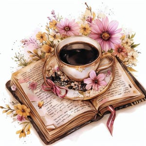 10 bundle di clipart di lettura con caffè, clipart di libri ad acquerello stampabili, JPG di alta qualità, lavori di carta, download digitale, diari spazzatura