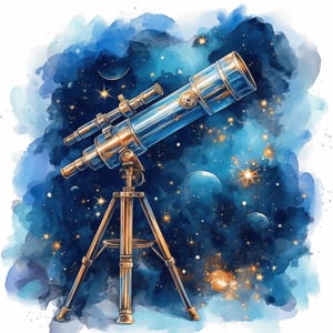 10 Telescope Clipart Bundle Set, Astronomy Images Illustrations, Printable Watercolor Clipart, High Quality JPGs, Paper craft, Junk Journals