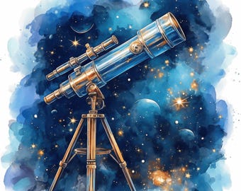 10 telescoop clipartbundelset, astronomieafbeeldingen illustraties, afdrukbare aquarel clipart, hoge kwaliteit jpg's, papier ambacht, ongewenste tijdschriften