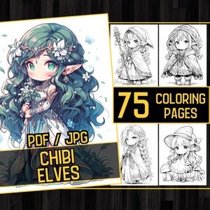 May include: A digital coloring book featuring 75 pages of cute chibi elves. The cover image shows a green-haired elf girl with flowers in her hair and a blue dress. The book is available in PDF and JPG formats.