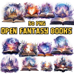 水彩ファンタジー ブック クリップアート | ファンタジー グラフィック、おとぎ話、魔法の本のイラスト | 商用利用のための即時ダウンロード