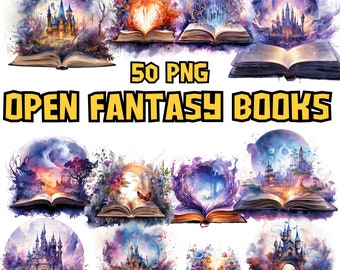 Clipart aquarel fantasieboeken | Fantasieafbeeldingen, sprookjesachtige en magische boekenillustratie | Directe download voor commercieel gebruik