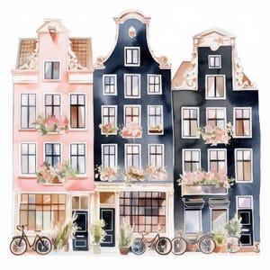 Paquete de 18 imágenes prediseñadas de casas de Ámsterdam, imágenes de Ámsterdam, imágenes prediseñadas de acuarela imprimibles, JPG de alta calidad, manualidades de papel, diarios basura