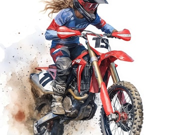 12 Woman On Dirt Bikes Clipart, Botanical Clipart Set, Printable Watercolor Clipart, Instant Digital Download, Scrapbooking, Junk Journals