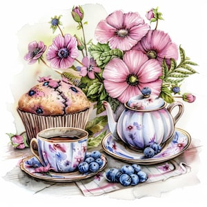 12 Vintage Teatime Clipart Bundle, Teapot Clipart Set, Printable Watercolor clipart, High Quality JPGs, Paper craft, Vintage Illustrations