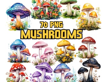 Imágenes prediseñadas de hongos en acuarela / Imágenes prediseñadas de hongos pintados / Ilustraciones de hongos / Gráficos PNG / Descarga instantánea para uso comercial