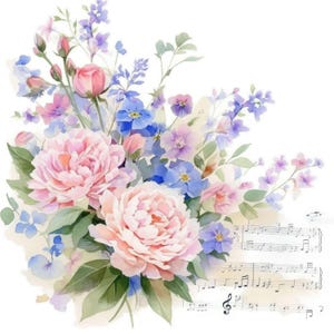 May include: Watercolor illustration of a floral bouquet featuring large pink peonies, blue and purple wildflowers, and green leaves. Musical notes are visible in the background, creating a soft, artistic composition. The flowers are arranged in a natural, flowing style.