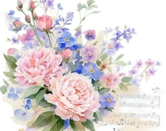 Peut inclure: Illustration à l'aquarelle d'un bouquet floral avec de grandes pivoines roses, des fleurs sauvages bleues et violettes et des feuilles vertes. Des notes de musique sont visibles en arrière-plan, créant une composition artistique douce. Les fleurs sont disposées de manière naturelle.