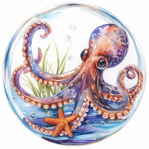 Op de afbeelding: Waterverfillustratie van een octopus in een glazen bol. De octopus is een mix van paars, oranje en bruin, met een zeester en waterplanten. Bubbels zweven rond de octopus in het water.