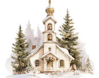 16 Christmas Church Clipart Set, Festive Art Illustrations, Printable Watercolor Clipart, High Quality JPG, Digital Download, Commercial Use