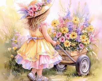 12種類の女の子と花のクリップアートセット、かわいい春の女の子の