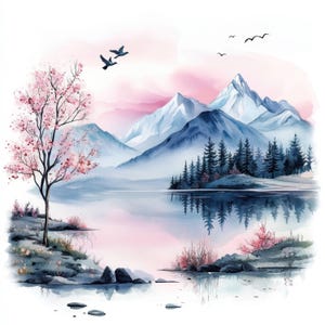 Lot de 14 cliparts aquarelles avec vue sur le lac, lac enchanté, images de paysages, illustrations de la nature, graphiques sur la mer, créations en papier, kit de journal indésirable