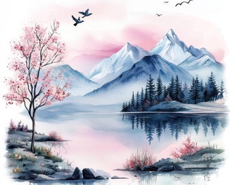 14 Watercolor Lake View Clipart Bundle, Enchanted Lake, Landscape Images, Nature Illustrations, Sea Graphics, Paper Craft, Junk Journal Kit
