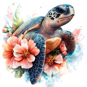 Floral Schildkröte Clip Art 12 hochauflösende Aquarell JPG Junk Journaling, Scrapbooking, Kartenherstellung, digitaler Download, Papiermodelle, Meerestiere