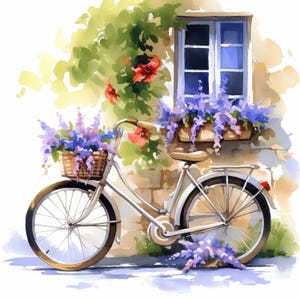 21 Flower Basket Bicycle Clipart Bundle, Floral Illustrations, Printable Watercolor Clipart, High Quality JPG, Paper craft, Junk Journals