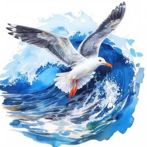 Pacchetto di 15 clipart di gabbiani e onde oceaniche, illustrazioni di uccelli marini, clipart acquerellabili stampabili, JPG di alta qualità, creazioni di carta, diari di scarto