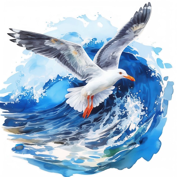 カモメと海の波のクリップアート15点セット、海鳥のイラスト、印刷可能