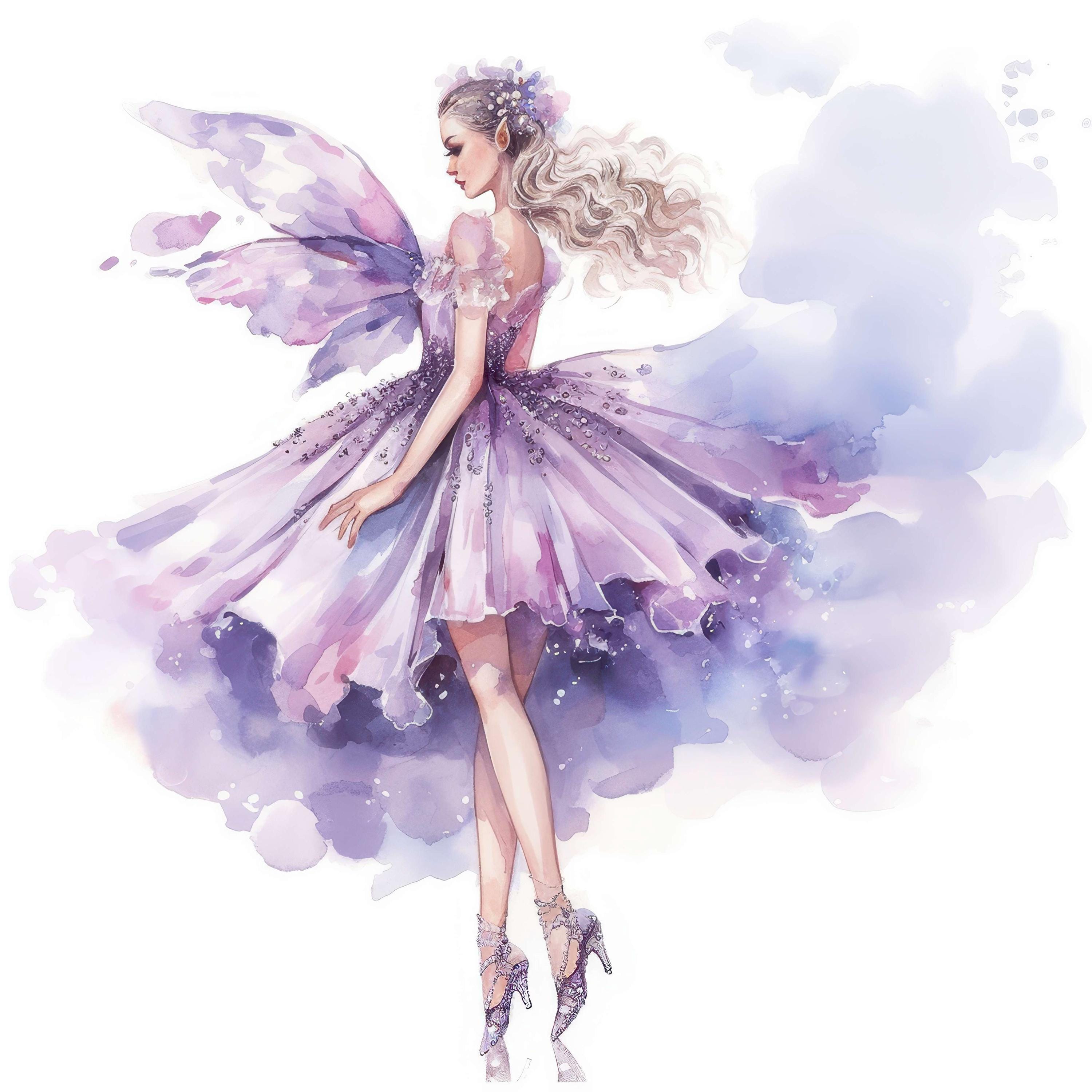 11 Purple Fairy Clipart Set, Printable Watercolor Ballerina Fairy ...