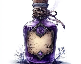 Può includere: Una bottiglia di vetro viola con un tappo di sughero e un'etichetta con un design ornato. La bottiglia è legata con un nastro marrone e ha una pietra preziosa viola sull'etichetta.