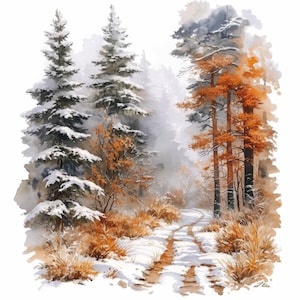Peut inclure: Peinture à l'aquarelle d'une forêt enneigée. De grands conifères couverts de neige côtoient des arbres aux feuilles orangées. Un chemin, marqué par des traces de pneus, traverse la neige. Le ciel est d'un gris doux et brumeux.