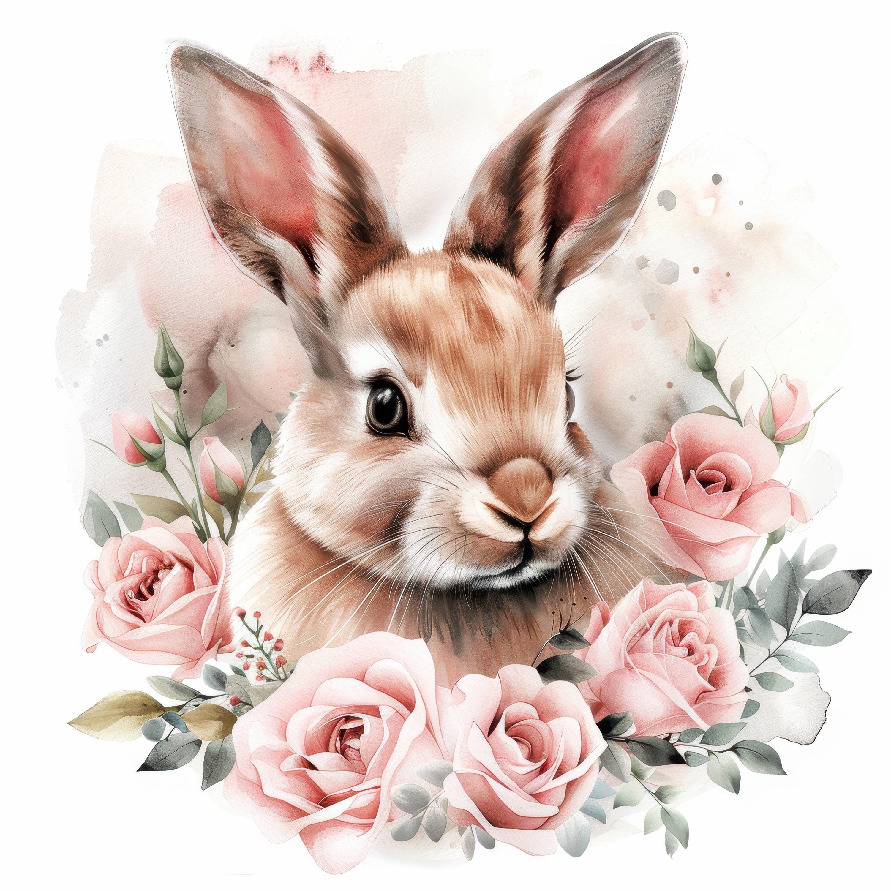 Grumpy Bunny With Roses 10 Roses and Fluffy Bunny Clipart Bundle, Floral Bunny, Watercolor ...
