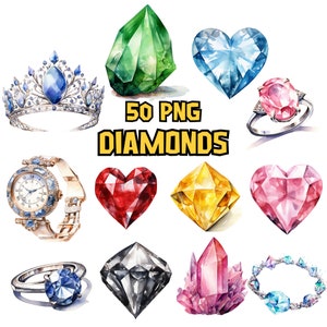 Watercolor Diamonds Clipart Bundle, Jewelry, Colorful Gem Illustrations, Gemstone, Crystal PNG Graphics, Instant Download for Commercial Use
