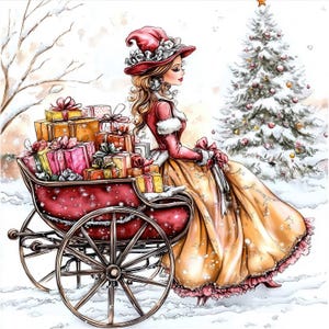 Victoriaanse kerstdame clipartbundel, kerstvrouw illustraties, afdrukbare aquarel clipart, hoge kwaliteit JPG, Paper Craft, Junk Journal
