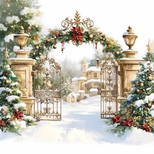 Puede incluir: Pintura a la acuarela de una escena navideña nevada. Una puerta de hierro forjado ornamentada y abierta conduce a un camino nevado y a un edificio distante. La puerta está decorada con guirnaldas, poinsettias rojas y adornos. Los árboles de Navidad y las farolas flanquean la puerta.