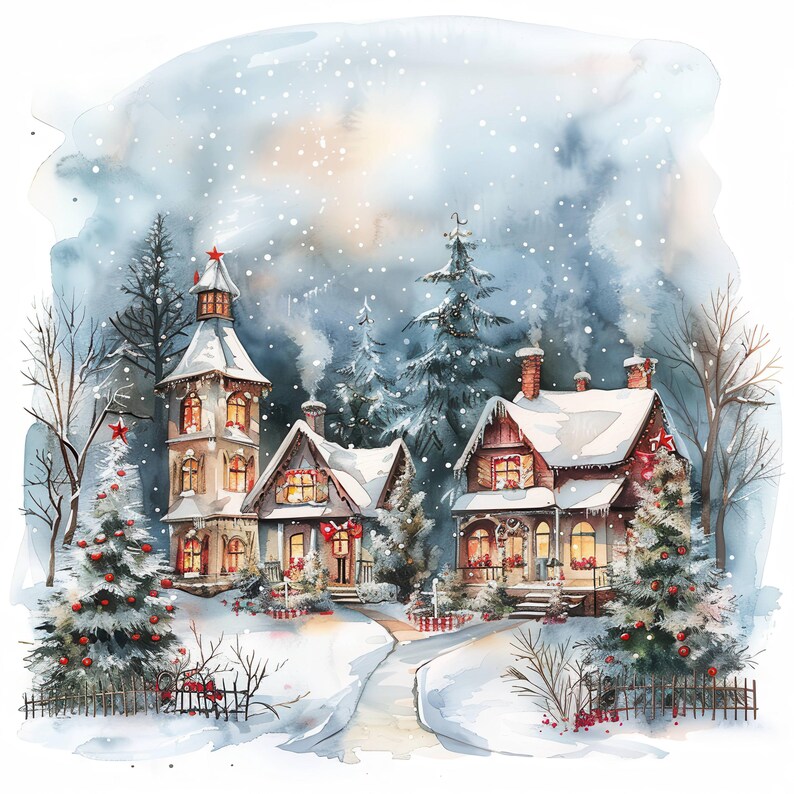 19 Christmas House Clipart Bundle, Printable Watercolor Clipart