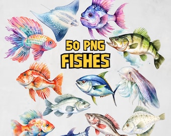 Lot de cliparts poissons aquarelle | Ensemble de clipart animaux sous-marins, illustrations d'animaux marins, aquarelles d'animaux marins, usage commercial