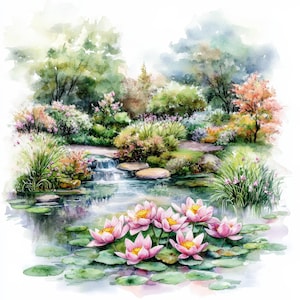 17 Garten und Teich Clipart Bundle, Gartenbild, druckbare Aquarell Clipart, hochwertige JPG, digitaler Download, Papiermodell, Junk Journal