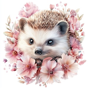 Bundle de cliparts hérisson en fleurs, illustration aquarelle imprimable, fichiers JPG de haute qualité, téléchargement numérique, créations en papier, fabrication de cartes