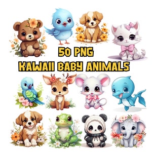Aquarell Kawaii Baby Tiere Clipart Bundle, süße entzückende Panda Bilder, Löwen Grafiken, Pinguin, Delfin Illustrationen, kommerzielle Nutzung