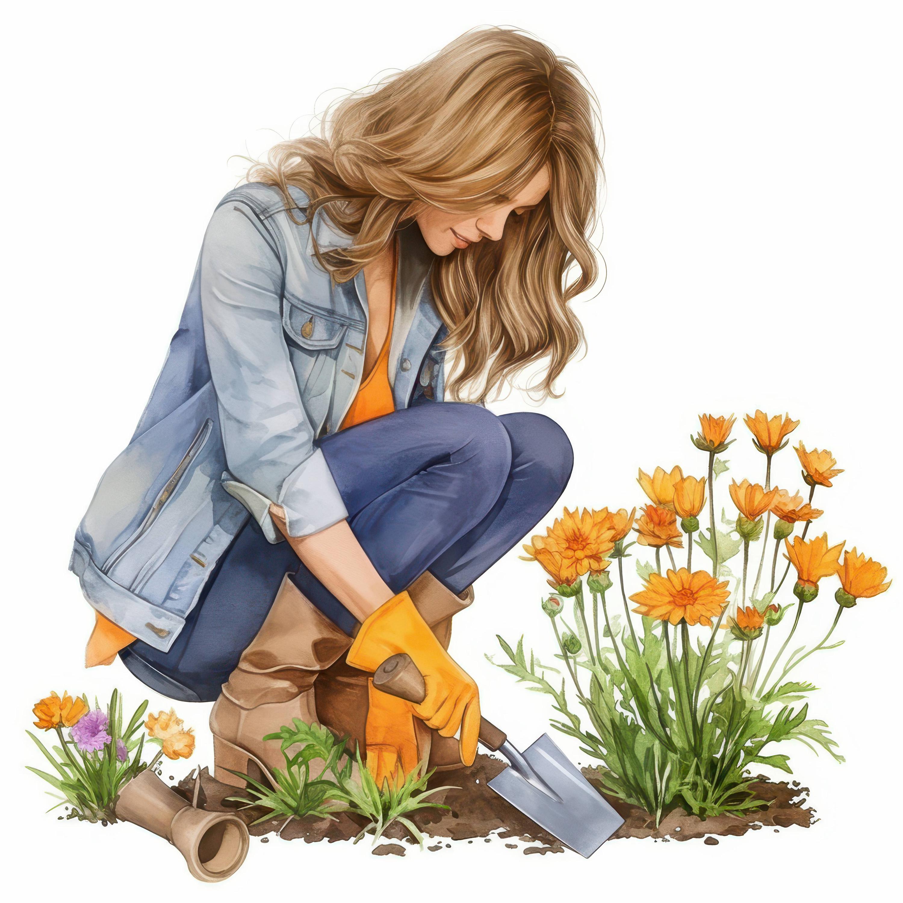 Caption: Gardening woman clip art bundle | Alt: Planting girl illustrations for all season...