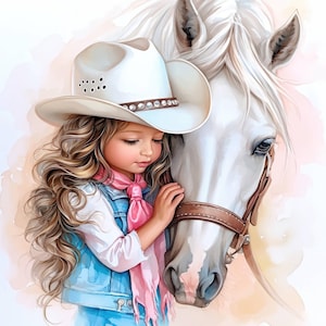 16 Cute Cowboy Girl with Horse Clipart Bundle, Cute Western Illustrations, Printable Watercolor Clipart, High Quality JPG, Junk Journaling