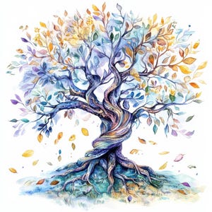 Puede incluir: Pintura a la acuarela de un árbol con tronco retorcido y hojas coloridas en tonos azules, morados, amarillos y naranjas. Las raíces son visibles y algunas hojas caen. La obra de arte tiene un estilo artístico caprichoso.