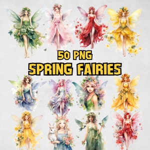 Bundle de cliparts aquarelle de fées du printemps, images florales, graphiques PNG d'ailes de papillon, baguette magique, illustrations de gouttes de rosée, usage Commercial