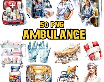 Watercolor Ambulance Clipart Bundle, Medical Clipart PNG Set, Nurse, Doctor, Medic, Paramedic, Ambulance Truck Illustration, Commercial Use