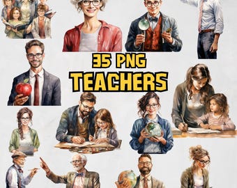 Watercolor Teacher Clipart Bundle, Back to School Clipart Illustrations, School PNG Graphics, High Quality PNG Images, Commercial Use