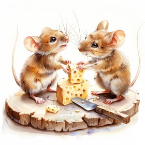 16 Clipart per feste in famiglia con topi, illustrazioni di topi e formaggio, clipart acquerellate, JPG di alta qualità, download digitale, diari spazzatura