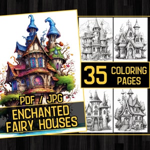 Enchanted Fairy Houses 35 Coloring Page Book, Grayscale House Coloring, Printable PDF & JPG, Adult Coloring Book, Instant Download