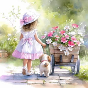 8 meisje met puppy clipartbundel, Shabby Chic lente illustratie, afdrukbare aquarel clipart, hoge kwaliteit JPG, Paper Craft, Junk Journal