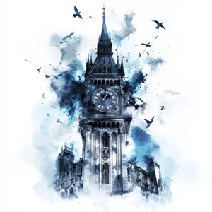 Może przedstawiać: Akwarela przedstawiająca Big Ben, słynną wieżę zegarową w Londynie, w Anglii. Wieża jest przedstawiona w odcieniach niebieskiego i szarego, z widocznym zegarem na froncie. Ptaki latają wokół wieży, dodając do fantazyjnego charakteru dzieła.