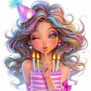 Lot de 12 cliparts mignon anniversaire drôle fille, illustrations de fête, clipart aquarelle imprimable, JPG de haute qualité, créations en papier, journaux indésirables