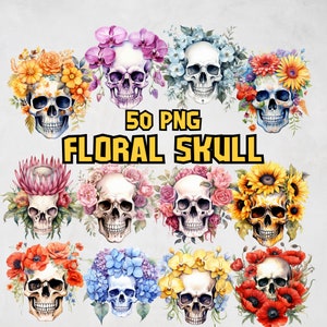 Watercolor Floral Skulls Clipart Bundle, Gothic Bone Skull Image Set, Skull with Flowers PNG Graphics, Fantasy Illustrations, Commercial Use