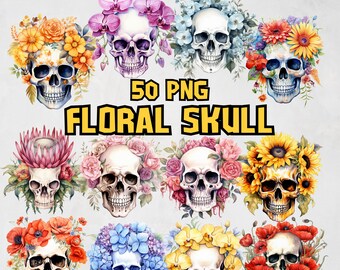 Watercolor Floral Skulls Clipart Bundle, Gothic Bone Skull Image Set, Skull with Flowers PNG Graphics, Fantasy Illustrations, Commercial Use