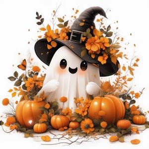 11 Kawai Halloween Ghost Clipart Bundle, Cute Scary Ghost Illustration, High Quality JPG, Printable Watercolor Clipart, Card Making, Journal