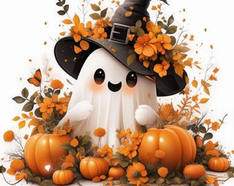 11 Kawai Halloween Ghost Clipart Bundle, Cute Scary Ghost Illustration, High Quality JPG, Printable Watercolor Clipart, Card Making, Journal